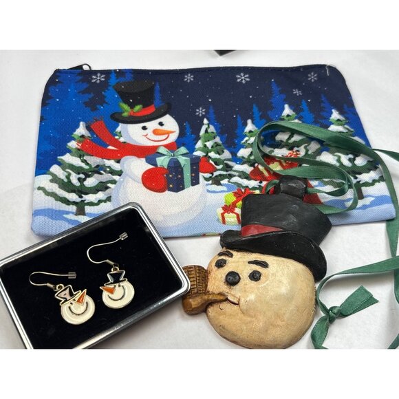 Snowman-Themed Holiday Gift Set W/ Earrings Wooden Ornament & Festive Pouch - Picture 1 of 4
